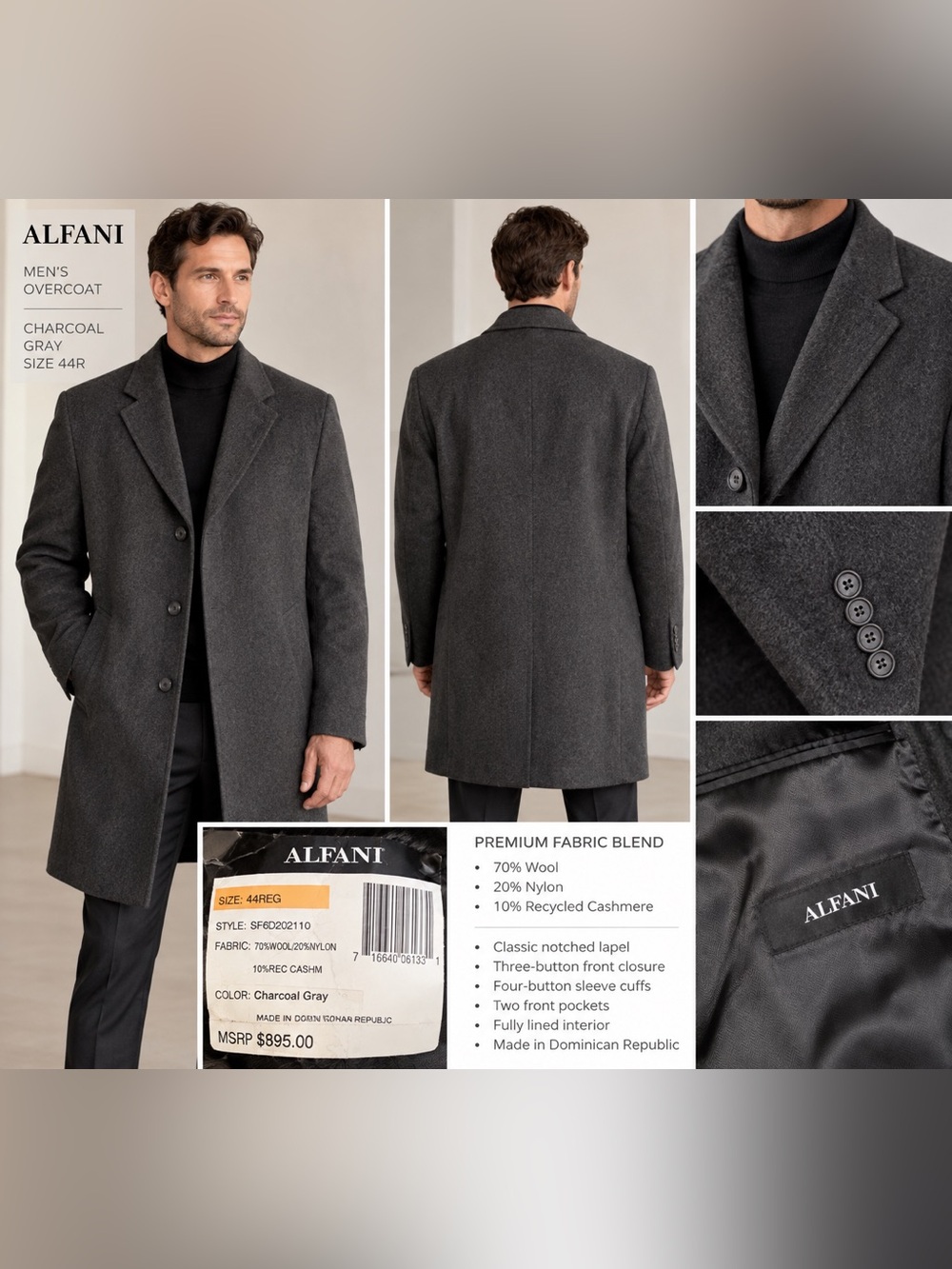 Alfani Men’s Wool Cashmere Charcoal Gray Overcoat 44R | MSRP $895